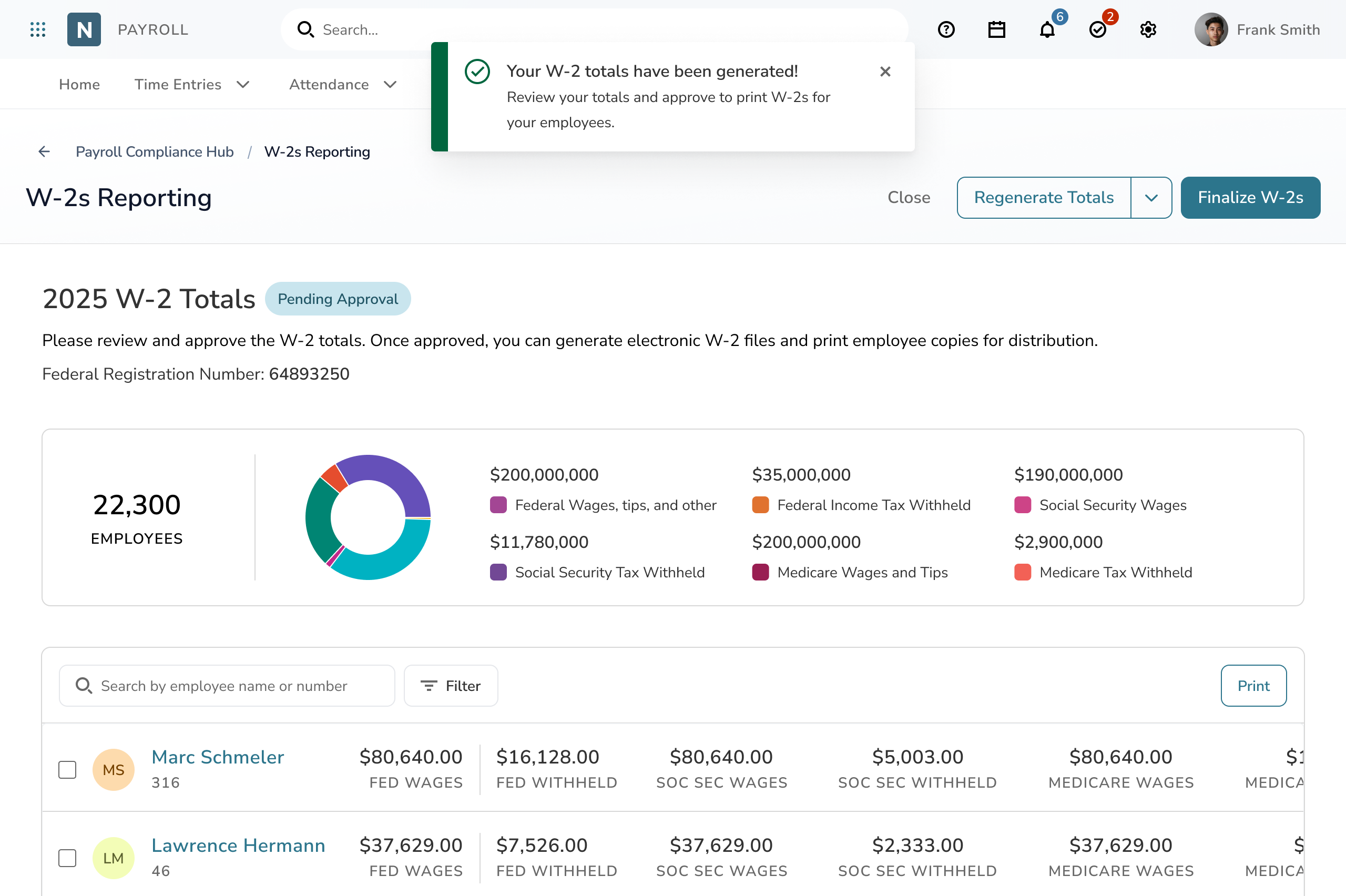 Payroll Compliance Hub page showing a completed W-2s Reporting card with finalized totals and wage breakdown charts.